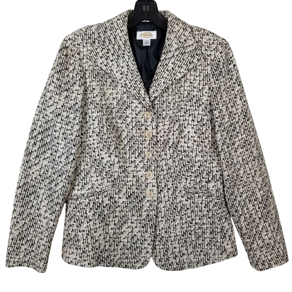 Talbots Womens Size 8 Cotton Silk Tweed Blazer Jacket Black Cream Tan Textured